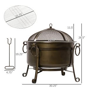 Outsunny 30 Inch Outdoor Fire Pit Round Wood Burning Patio Firepit with Cooking BBQ Grill Spark Screen Poker for Backyard Bonfire - 3