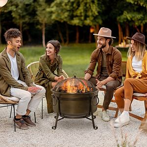 Outsunny 30 Inch Outdoor Fire Pit Round Wood Burning Patio Firepit with Cooking BBQ Grill Spark Screen Poker for Backyard Bonfire - 2