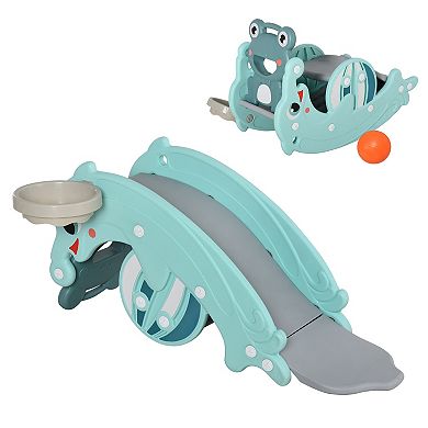 Qaba 3 in 1 Kids Portable Slide Rocking Horse Toy with Basketball Hoop for Age 3 5 Boys and Girls Mint Green