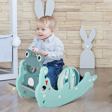 Qaba 3 in 1 Kids Portable Slide Rocking Horse Toy with Basketball Hoop for Age 3 5 Boys and Girls Mint Green