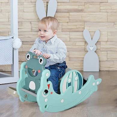 Qaba 3 in 1 Kids Portable Slide Rocking Horse Toy with Basketball Hoop for Age 3 5 Boys and Girls Mint Green