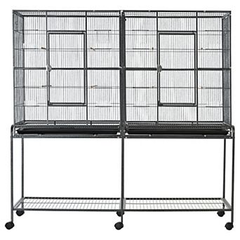 PawHut 30" Rolling Metal Bird Cage Feeder with Detachable Rolling Stand Storage Shelf Wood Perch and Food Container