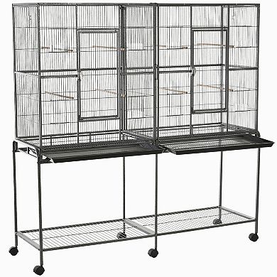 PawHut 30" Rolling Metal Bird Cage Feeder with Detachable Rolling Stand Storage Shelf Wood Perch and Food Container