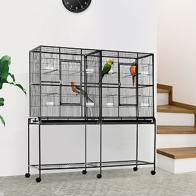 PawHut 30" Rolling Metal Bird Cage Feeder with Detachable Rolling Stand Storage Shelf Wood Perch and Food Container