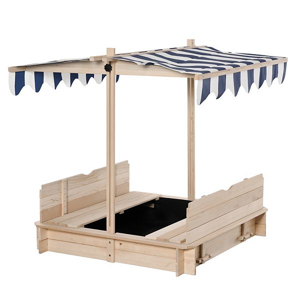 Outsunny Wooden Kids Sandbox w/ Cover Adjustable Canopy Convertible ...