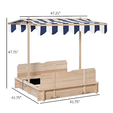 Outsunny Wooden Kids Sandbox w/ Cover Adjustable Canopy Convertible Bench Seat Bottom Liner