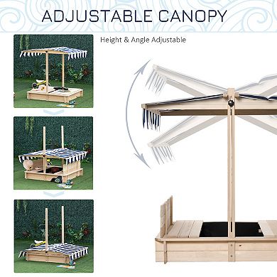 Outsunny Wooden Kids Sandbox w/ Cover Adjustable Canopy Convertible Bench Seat Bottom Liner