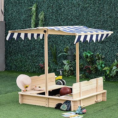 Outsunny Wooden Kids Sandbox w/ Cover Adjustable Canopy Convertible Bench Seat Bottom Liner