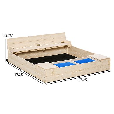 Outsunny Kids Sandbox with Cover, 2 Side Buckets, Convertible Bench Seat, Wooden Sandbox