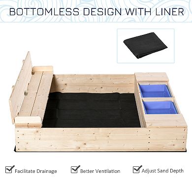Outsunny Kids Sandbox with Cover, 2 Side Buckets, Convertible Bench Seat, Wooden Sandbox