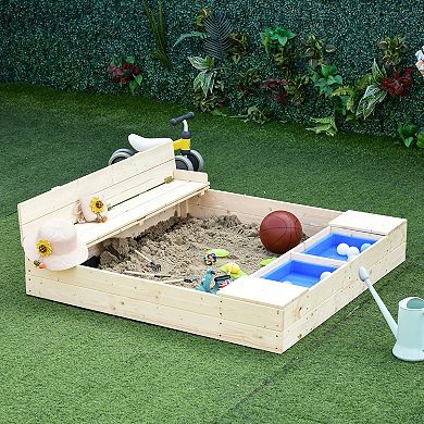 Outsunny Kids Sandbox with Cover, 2 Side Buckets, Convertible Bench Seat, Wooden Sandbox