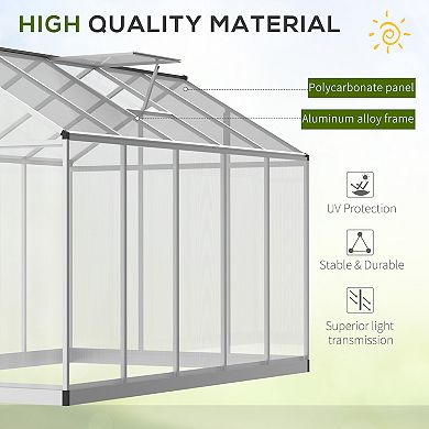 Outsunny 10' L x 6' W Walk In Polycarbonate Greenhouse with Roof Vent for Ventilation and Rain Gutter Hobby Greenhouse for Winter