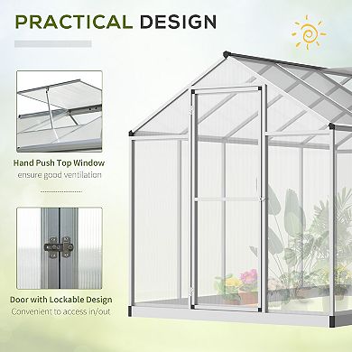 Outsunny 10' L x 6' W Walk In Polycarbonate Greenhouse with Roof Vent for Ventilation and Rain Gutter Hobby Greenhouse for Winter