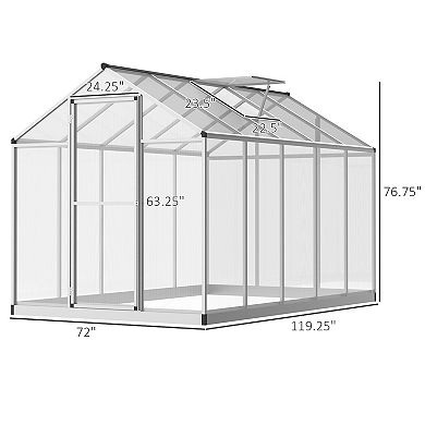 Outsunny 10' L x 6' W Walk In Polycarbonate Greenhouse with Roof Vent for Ventilation and Rain Gutter Hobby Greenhouse for Winter