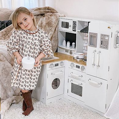 Qaba Kids Corner Kitchen Pretend Play Toy Educational Pretend Role Playset Game with Sound Effect Microwave Refrigerator Simulation Faucet Detachable Sink for Boys and Girls White