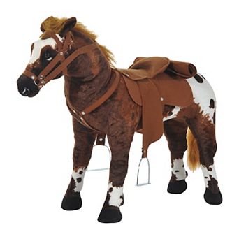 Qaba Kids Standing Ride On Horse Toddler Plush Interactive Toy with Sound Dark Brown/White
