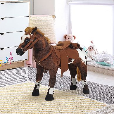 Qaba Kids Standing Ride On Horse Toddler Plush Interactive Toy with Sound Dark Brown/White