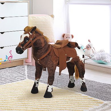 Qaba Kids Standing Ride On Horse Toddler Plush Interactive Toy with Sound  Dark Brown/White