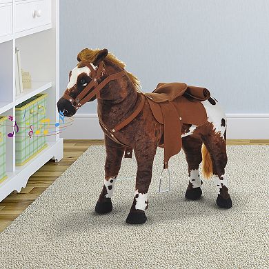 Qaba Kids Standing Ride On Horse Toddler Plush Interactive Toy with Sound Dark Brown/White