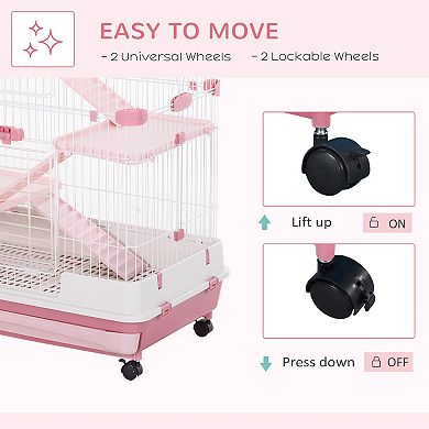 PawHut 32inchL 4-Level Small Animal Cage with Lockable Wheels, Tray