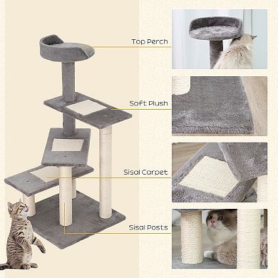 PawHut 40" Cat Tree Activity Scratcher Kitten Climbing Tower Plush Perch, Grey