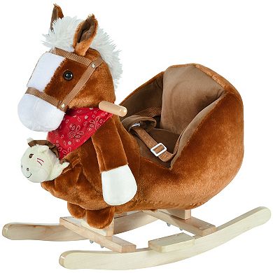 Qaba Kids Ride On Rocking Horse Toy Rocker with Fun Song Music and Soft Plush Fabric for Children 18 36 Months Brown