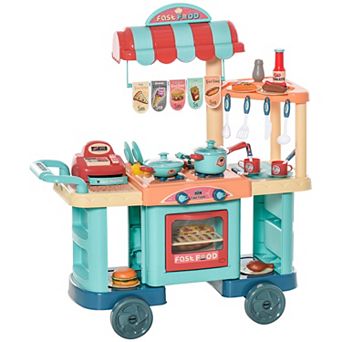 Qaba Kids Kitchen Food Stand with Play Food Money Cash Register Accessories Ages 3 6