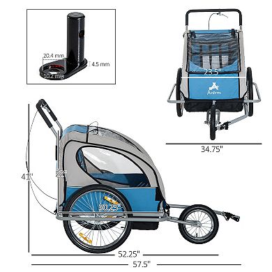 Aosom Elite 2 In 1 Three Wheel Bicycle Cargo Trailer and Jogger for Two Children with 2 Security Harnesses and Storage Blue
