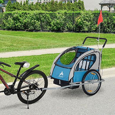 Aosom Elite 2 In 1 Three Wheel Bicycle Cargo Trailer and Jogger for Two Children with 2 Security Harnesses and Storage Blue