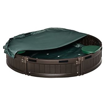 Outsunny Outdoor Round Kids Sandbox with Covering Liner, Seating, Plastic Sandbox Outdoor Activity for Ages 3-12, Brown