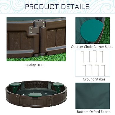 Outsunny Outdoor Round Kids Sandbox with Covering Liner, Seating, Plastic Sandbox Outdoor Activity for Ages 3-12, Brown
