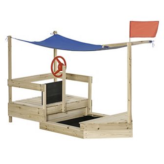 Outsunny Outdoor Pirate Ship Kids Sandbox with Covering Lid, Cool Shade, Wooden Sandbox Backyard Toy Outdoor Activity for Ages 3-8 Years Old, Natural Wood