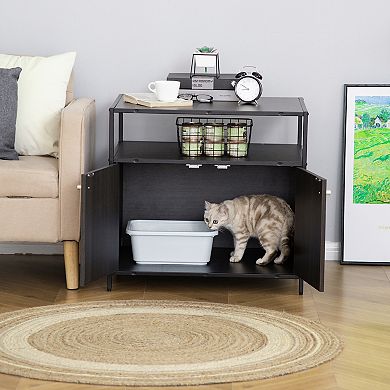 PawHut Wooden Cat Litter Box Enclosure Multipurpose Anti Tracking Pet Kitten House Indoor End Table with Magnetic Doors and Storage Shelves Grey