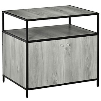 PawHut Wooden Cat Litter Box Enclosure Multipurpose Anti Tracking Pet Kitten House Indoor End Table with Magnetic Doors and Storage Shelves Grey