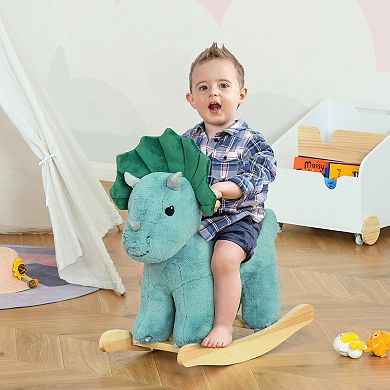 Qaba Kids Plush Ride On Rocking Horse Triceratops shaped Plush Toy Rocker with Realistic Sounds for Child 36 72 Months Dark Green