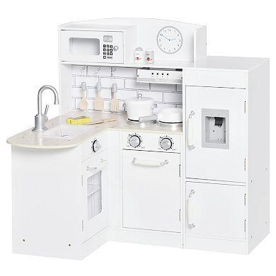 Qaba White Kids Kitchen Play Cooking Toy Set for Children with Drinking Fountain Microwave and Fridge with Accessories