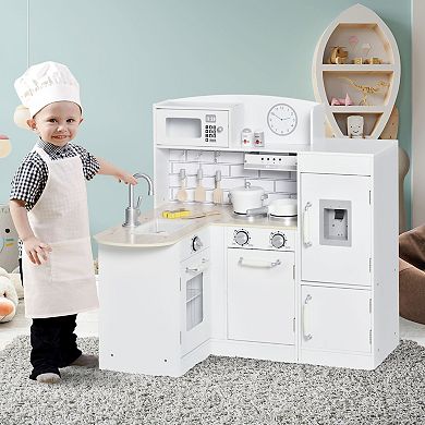 Qaba Black Kids Kitchen Play Cooking Toy Set for Children with Drinking Fountain Microwave and Fridge with Accessories