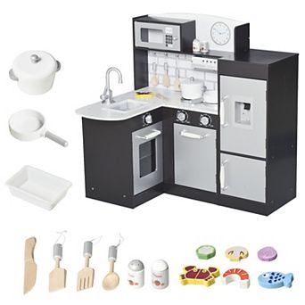 Qaba White Kids Kitchen Play Cooking Toy Set for Children with Drinking Fountain Microwave and Fridge with Accessories