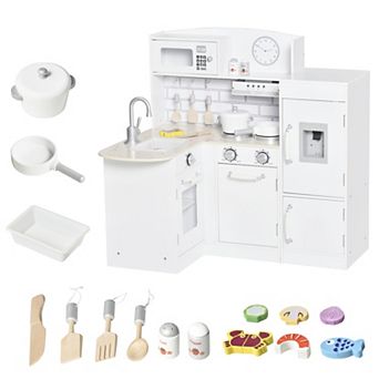 Qaba White Kids Kitchen Play Cooking Toy Set for Children with Drinking Fountain Microwave and Fridge with Accessories