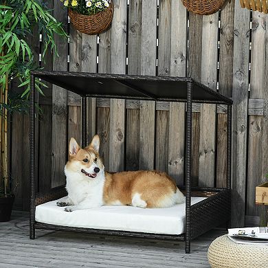 PawHut Wicker Dog House Raised Rattan Dog Cat Bed for Indoor Outdoor Garden Patio Pet Sofa with Cushion Medium Sized Pet Brown