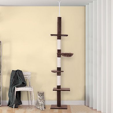 PawHut 9' Adjustable Height Floor To Ceiling Vertical Cat Tree   Grey and White