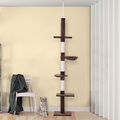 PawHut 9' Adjustable Height Floor To Ceiling Vertical Cat Tree Grey and White