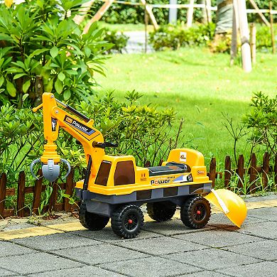 Qaba No Power Construction Ride On Toy Construction Truck Multi functional Excavator Digger with Workable Digging Bucket Pulling Construction Cart Tractor for Pretend Play Yellow