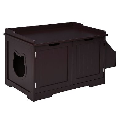 PawHut Wooden Cat Litter Box Enclosure Kitten House with Nightstand End Table and Storage Rack Magnetic Doors Brown