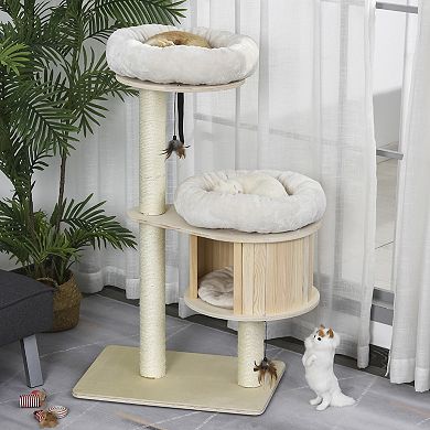 PawHut 3 Level Cat Tree with Sisal Scratching Posts Fun Cat Badminton Toy for Playing Soft Cushions and Play Areas