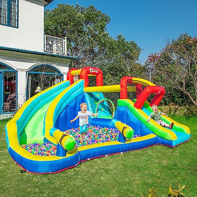 Outsunny 5 in 1 Kids Inflatable Bounce House Jumping Castle Includes Trampoline Slide Water Pool Water Gun Climbing Wall with Bag and Repair Patches