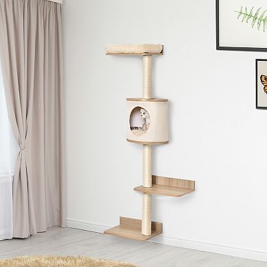 PawHut 4 Level Wall Mounted Cat Tree Activity Tower Wall Cat Shelves with Sisal Rope Scratching Posts Cat Condo and Bed Light Brown