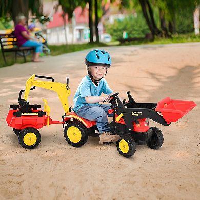 Aosom 3 in1 Kids Ride On Bulldozer/Excavator Toy with 6 Wheels Controllable Cargo Trailer and Easy Pedal Controls