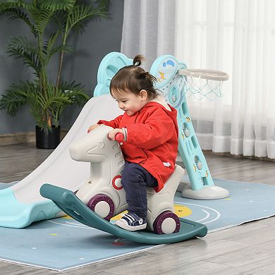 Qaba Kids 2 in 1 Rocking Horse and Sliding Car for Indoor and Outdoor Use w/ Detachable Base Wheels Smooth Materials Grey and Green