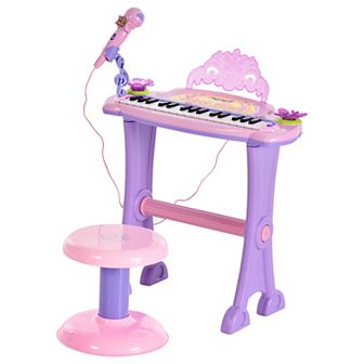 Qaba 32 Key Princess Electronic Piano Toy Keyboard for Kids Toddler Grand Piano with Stool MP3 Record and Microphone for 3 6 Years Pink/Purple